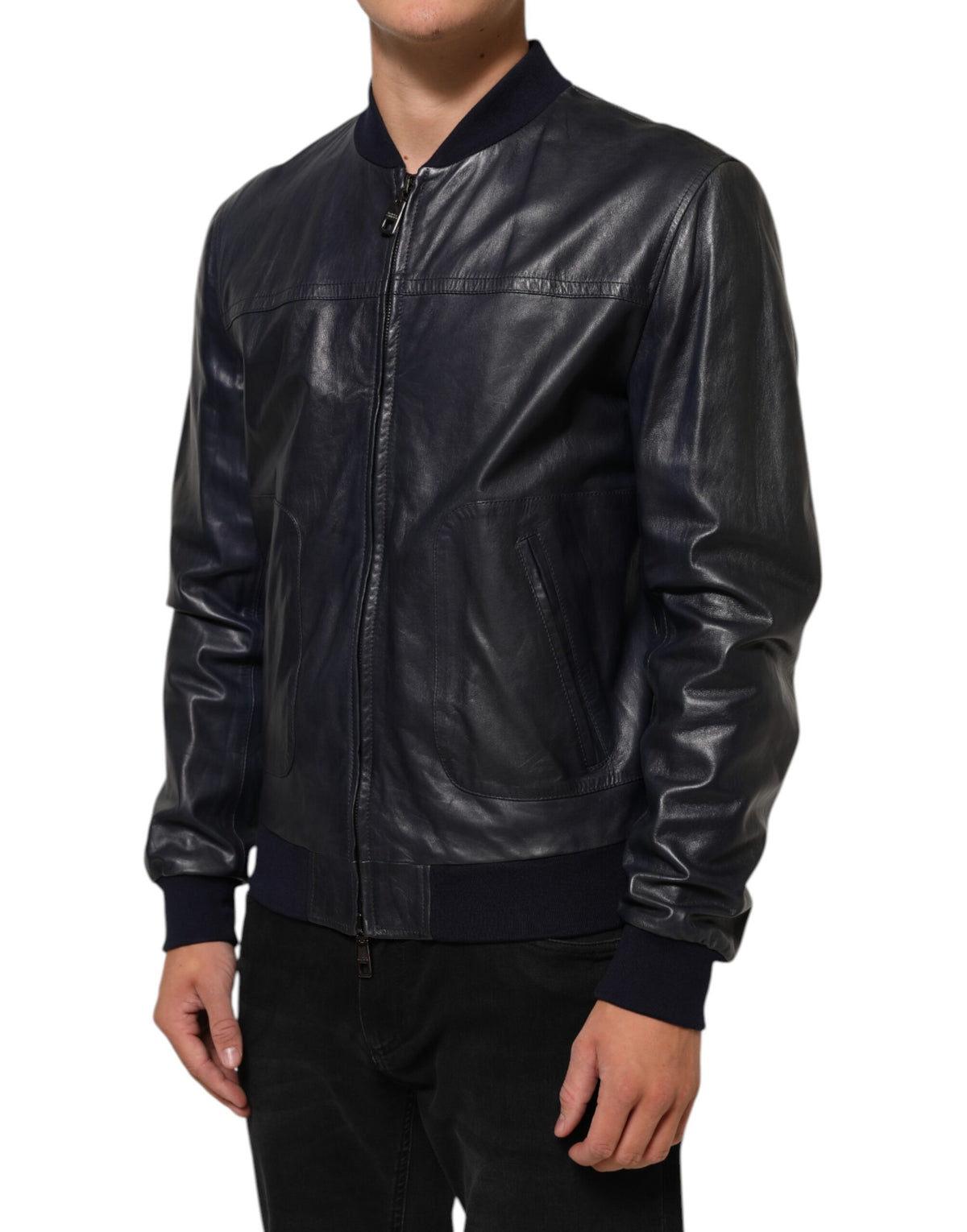 Blouson en cuir bleu à fermeture éclair intégrale, style motard, Dolce & Gabbana