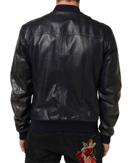 Blouson en cuir bleu à fermeture éclair intégrale, style motard, Dolce &amp; Gabbana