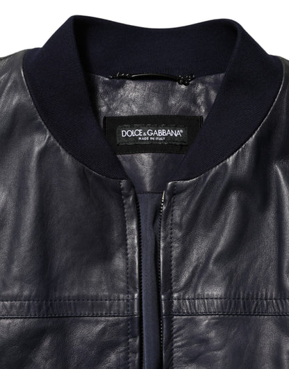 Blouson en cuir bleu à fermeture éclair intégrale, style motard, Dolce &amp; Gabbana