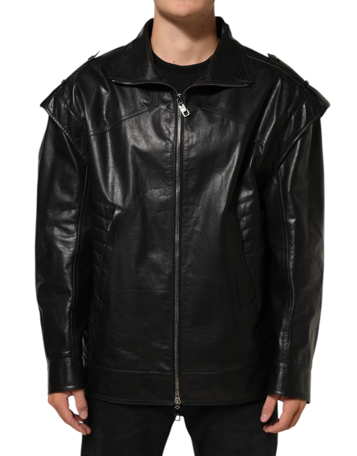 Blouson en cuir noir à fermeture éclair intégrale, style motard, Dolce & Gabbana