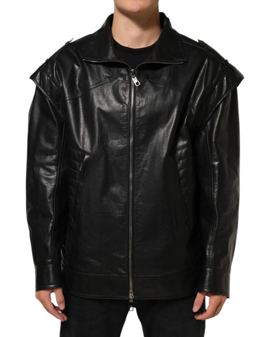 Blouson en cuir noir à fermeture éclair intégrale, style motard, Dolce &amp; Gabbana