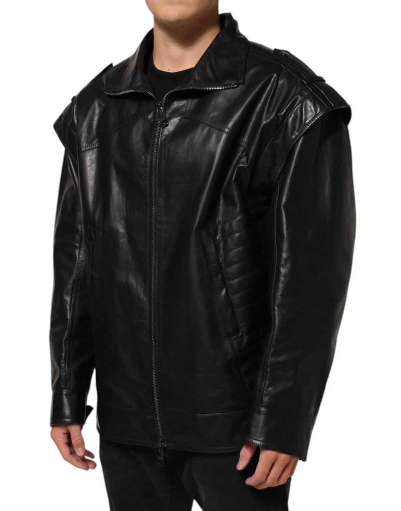 Blouson en cuir noir à fermeture éclair intégrale, style motard, Dolce & Gabbana