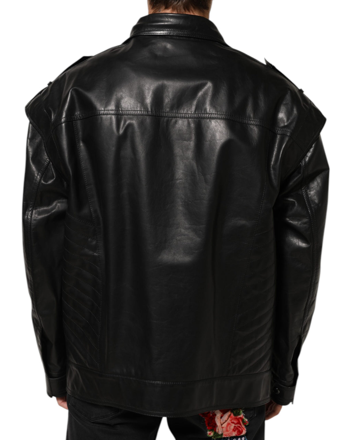Blouson en cuir noir à fermeture éclair intégrale, style motard, Dolce & Gabbana