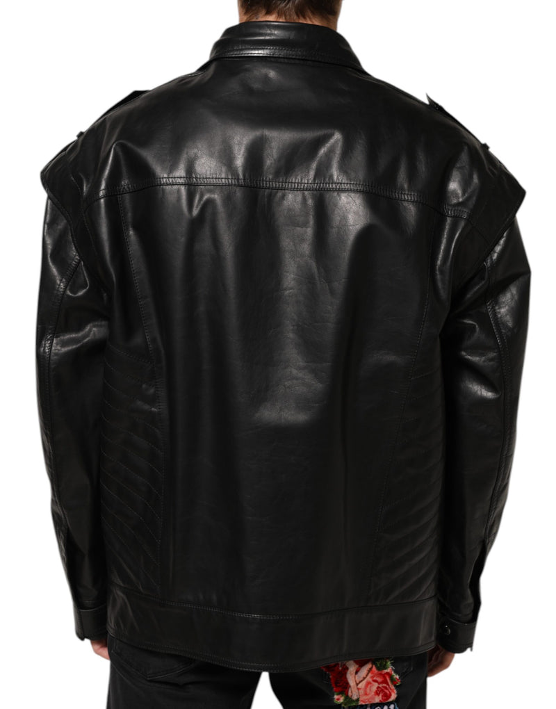 Blouson en cuir noir à fermeture éclair intégrale, style motard, Dolce & Gabbana