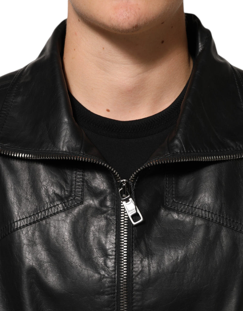 Blouson en cuir noir à fermeture éclair intégrale, style motard, Dolce & Gabbana