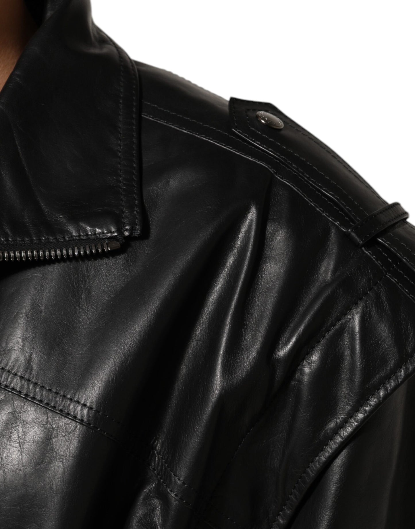 Blouson en cuir noir à fermeture éclair intégrale, style motard, Dolce &amp; Gabbana