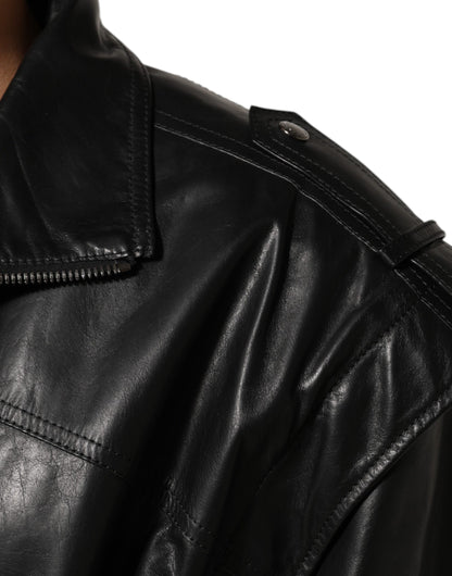 Blouson en cuir noir à fermeture éclair intégrale, style motard, Dolce &amp; Gabbana