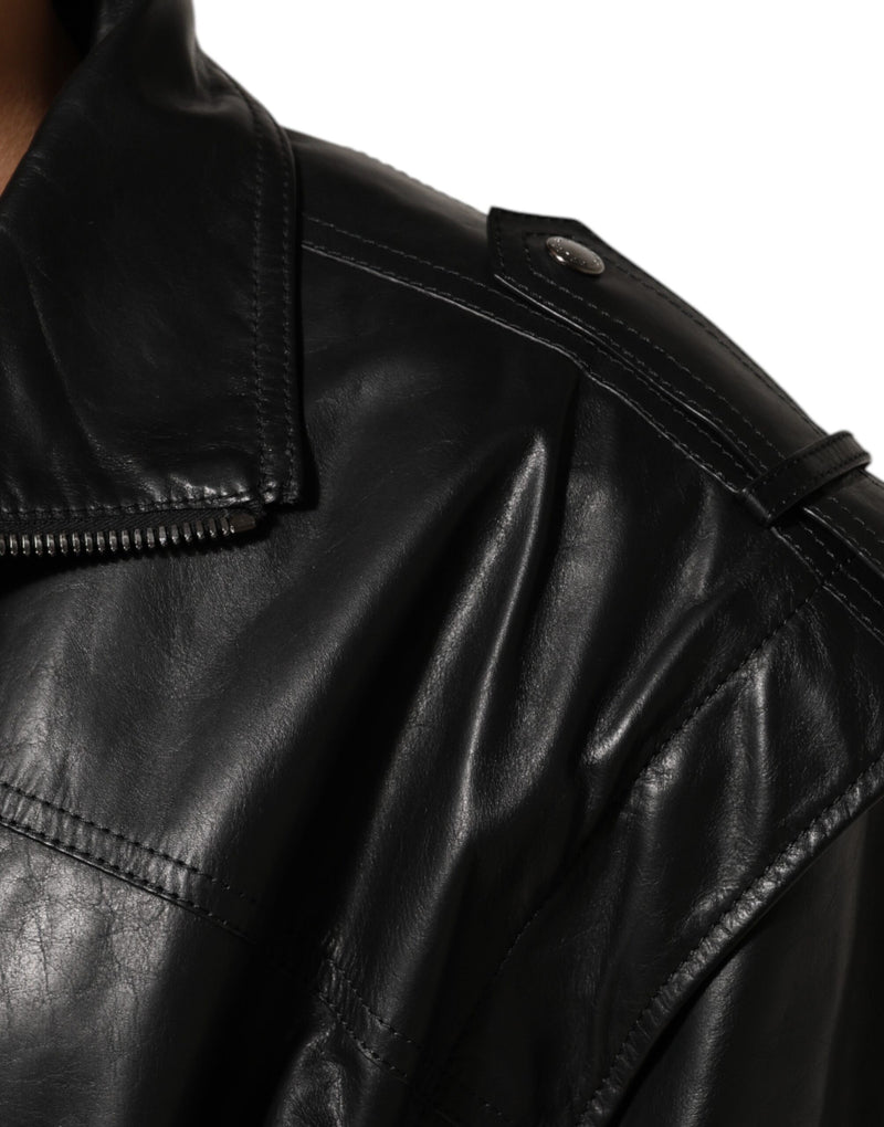 Blouson en cuir noir à fermeture éclair intégrale, style motard, Dolce & Gabbana