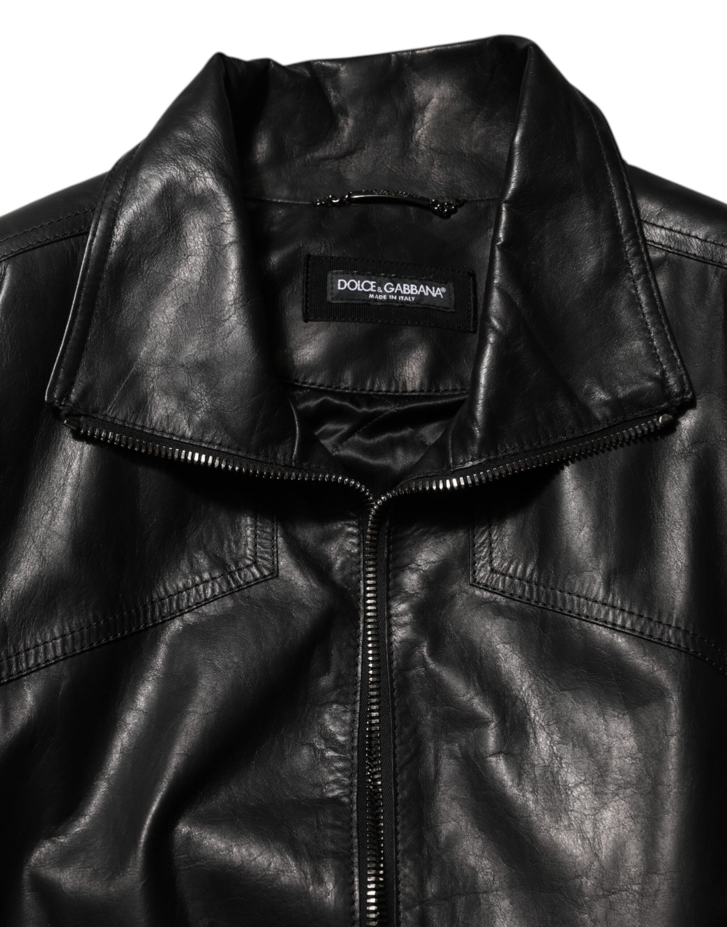 Blouson en cuir noir à fermeture éclair intégrale, style motard, Dolce &amp; Gabbana