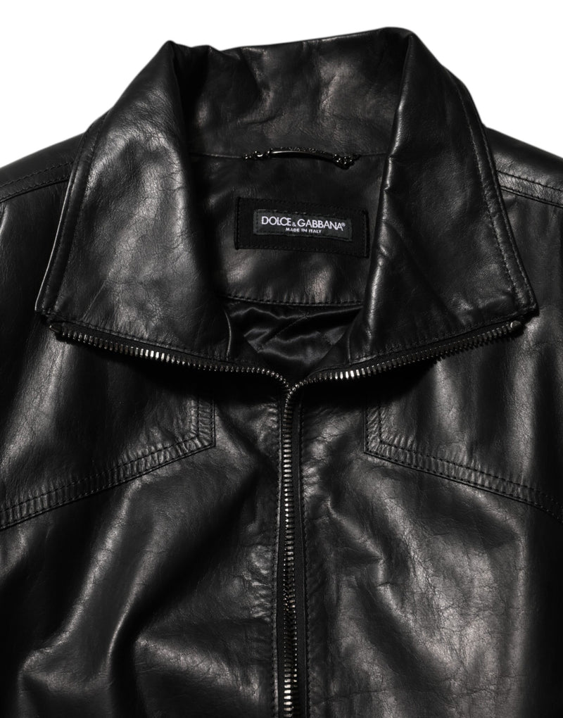Blouson en cuir noir à fermeture éclair intégrale, style motard, Dolce & Gabbana