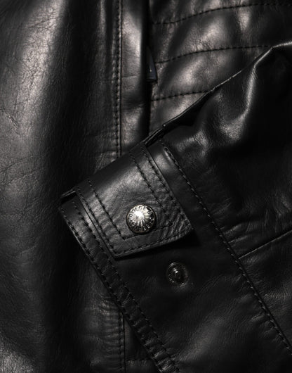 Blouson en cuir noir à fermeture éclair intégrale, style motard, Dolce &amp; Gabbana