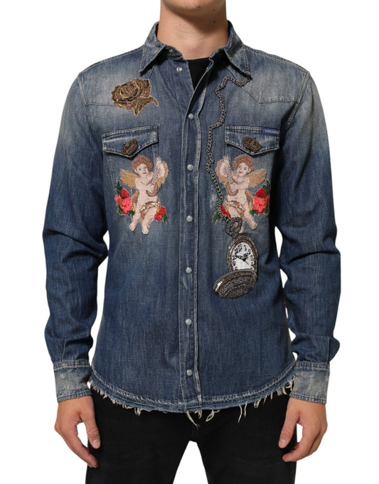 Chemise en jean à boutons pour homme Dolce &amp; Gabbana, bleu, avec patch Angel.