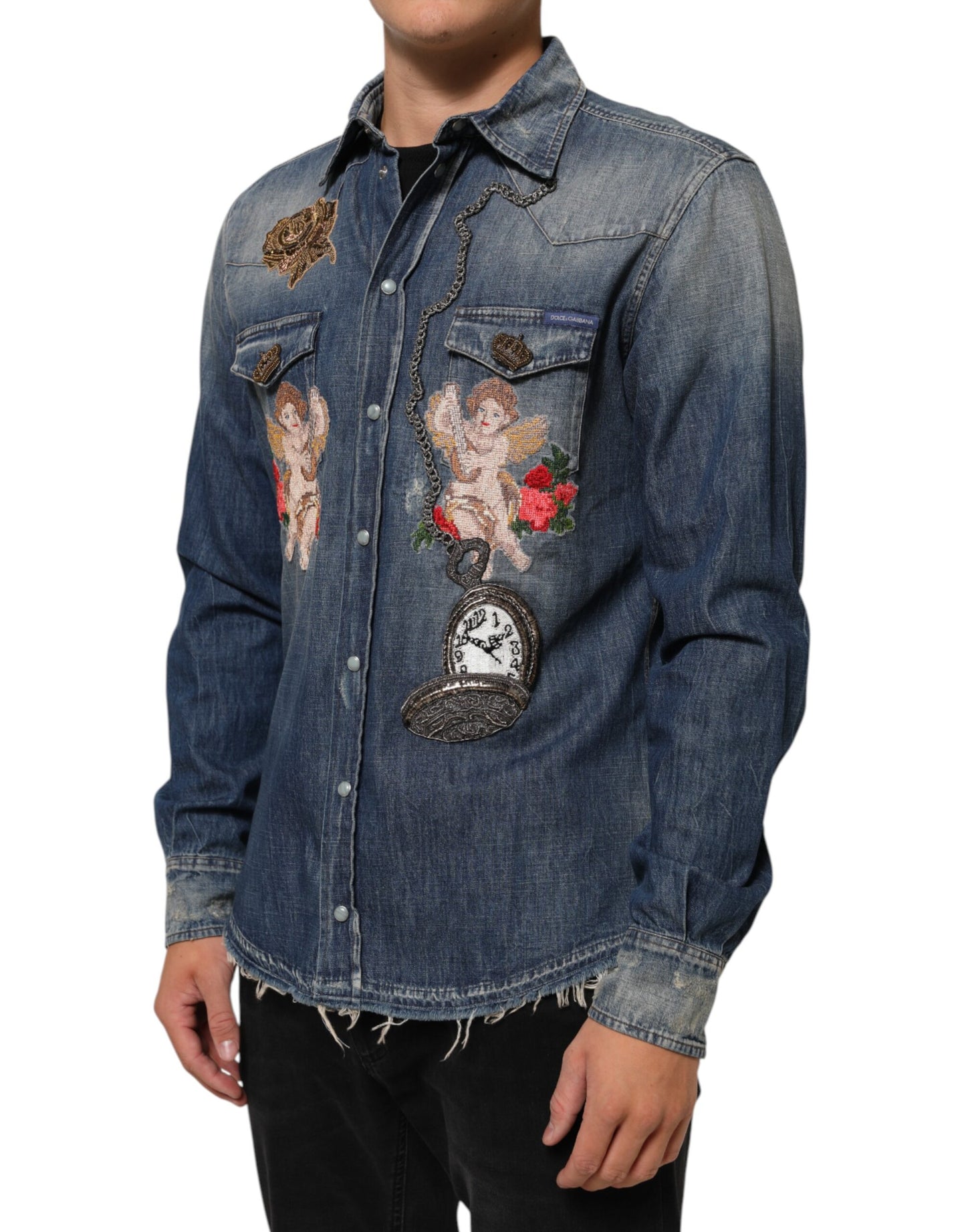 Chemise en jean à boutons pour homme Dolce &amp; Gabbana, bleu, avec patch Angel.