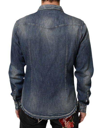 Chemise en jean à boutons pour homme Dolce &amp; Gabbana, bleu, avec patch Angel.
