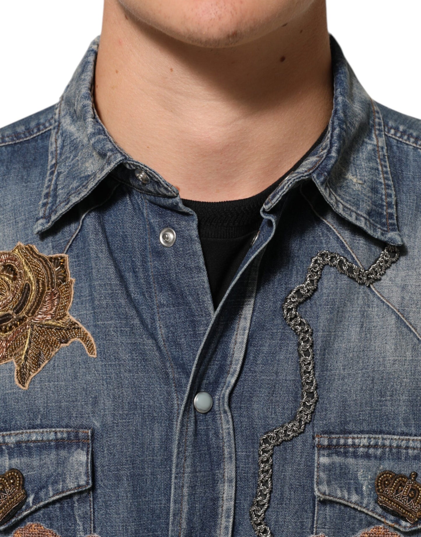 Chemise en jean à boutons pour homme Dolce &amp; Gabbana, bleu, avec patch Angel.