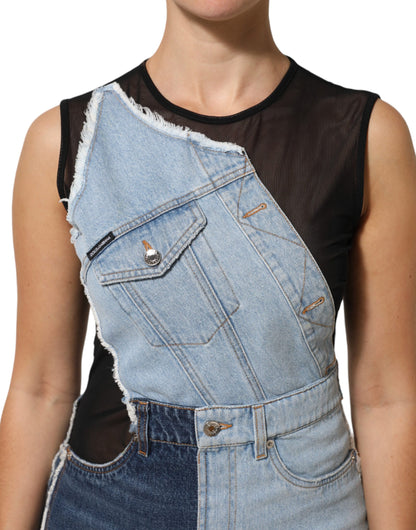 Dolce &amp; Gabbana Blauwe Nylon Patchwork Denim Schede Mini Jurk