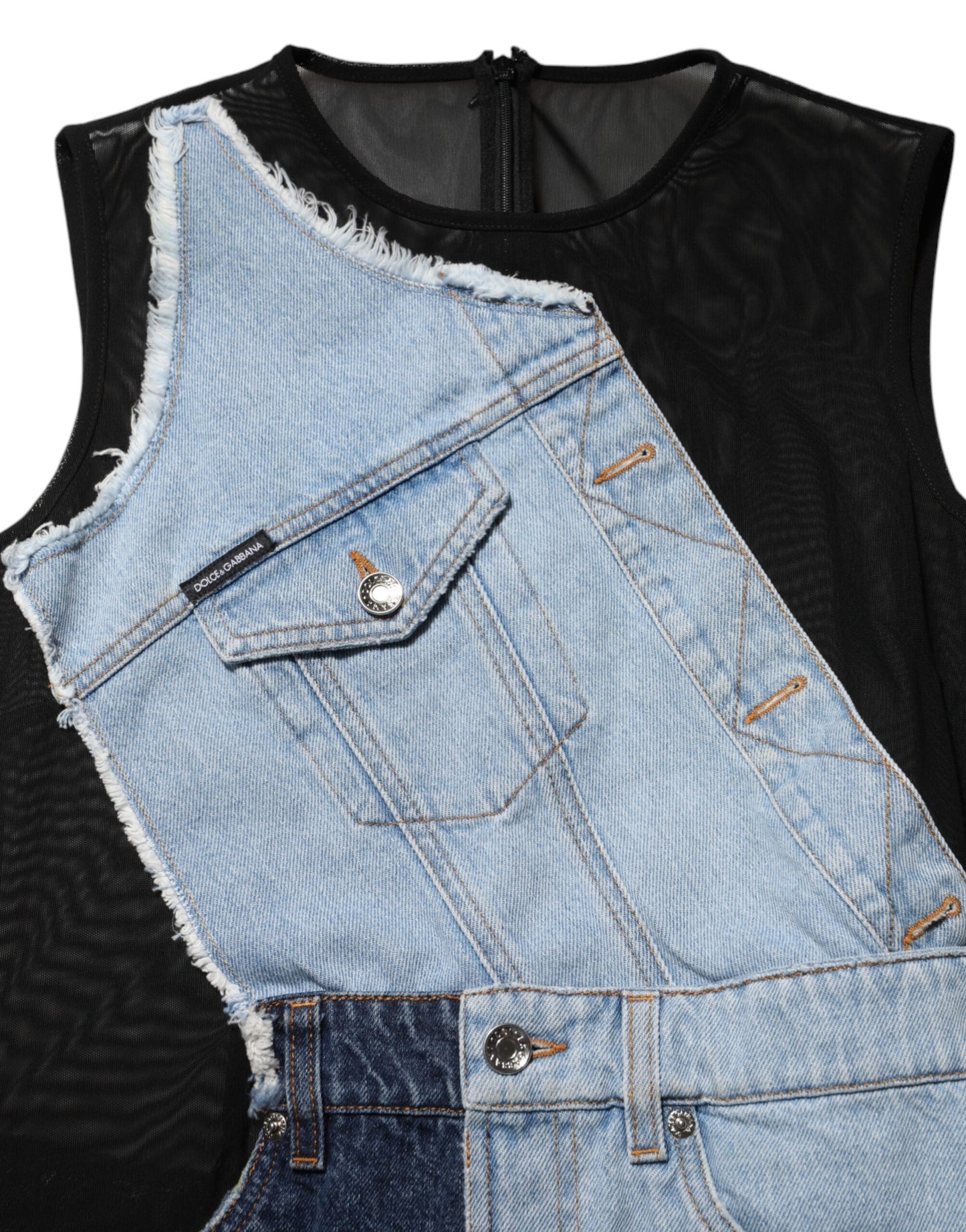 Dolce &amp; Gabbana Blauwe Nylon Patchwork Denim Schede Mini Jurk