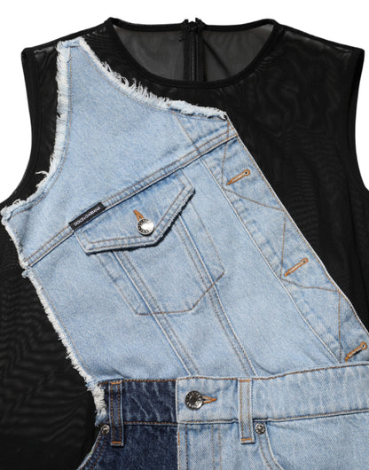 Dolce &amp; Gabbana Blauwe Nylon Patchwork Denim Schede Mini Jurk