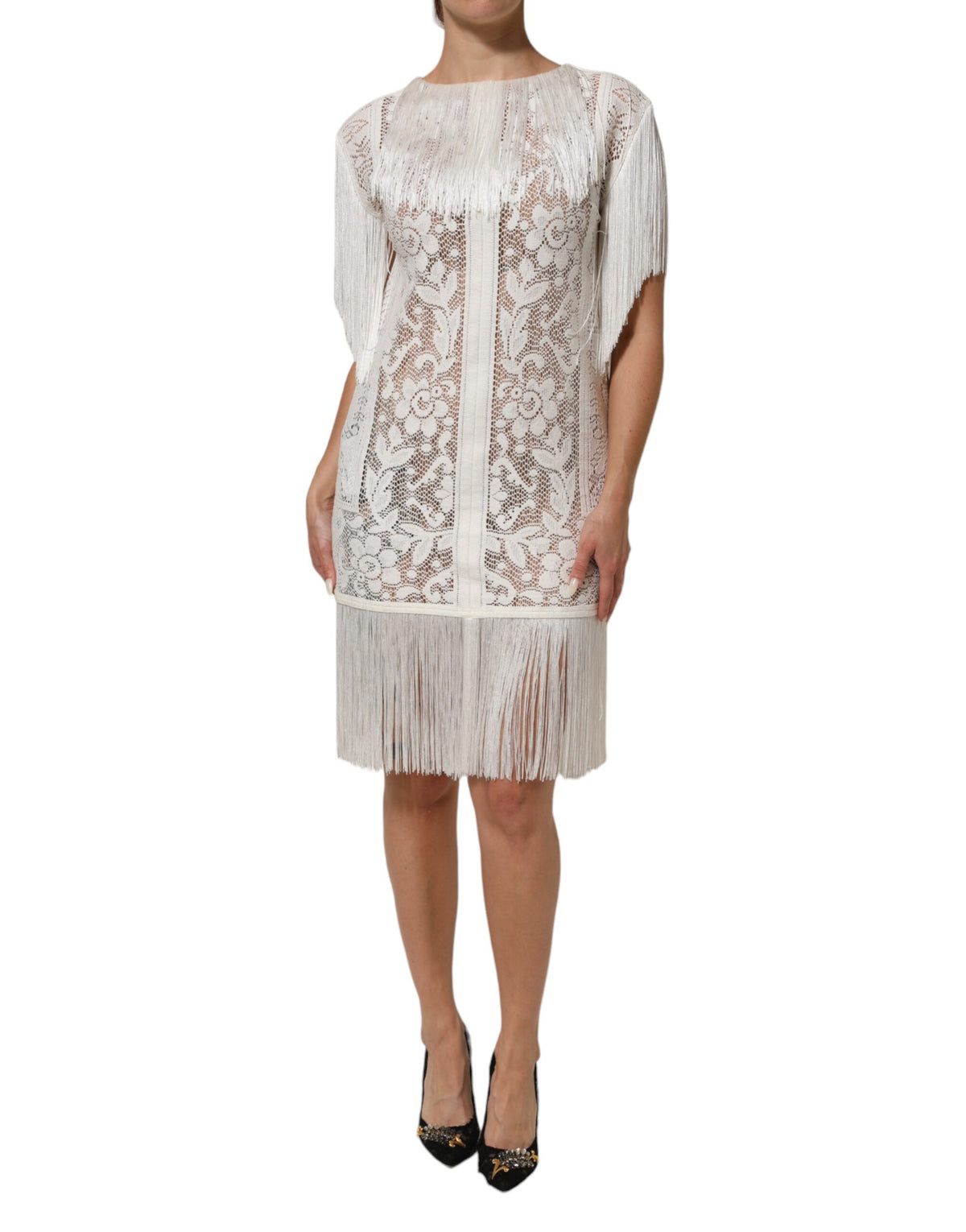 Robe Dolce & Gabbana en Dentelle Florale Blanche à Franges