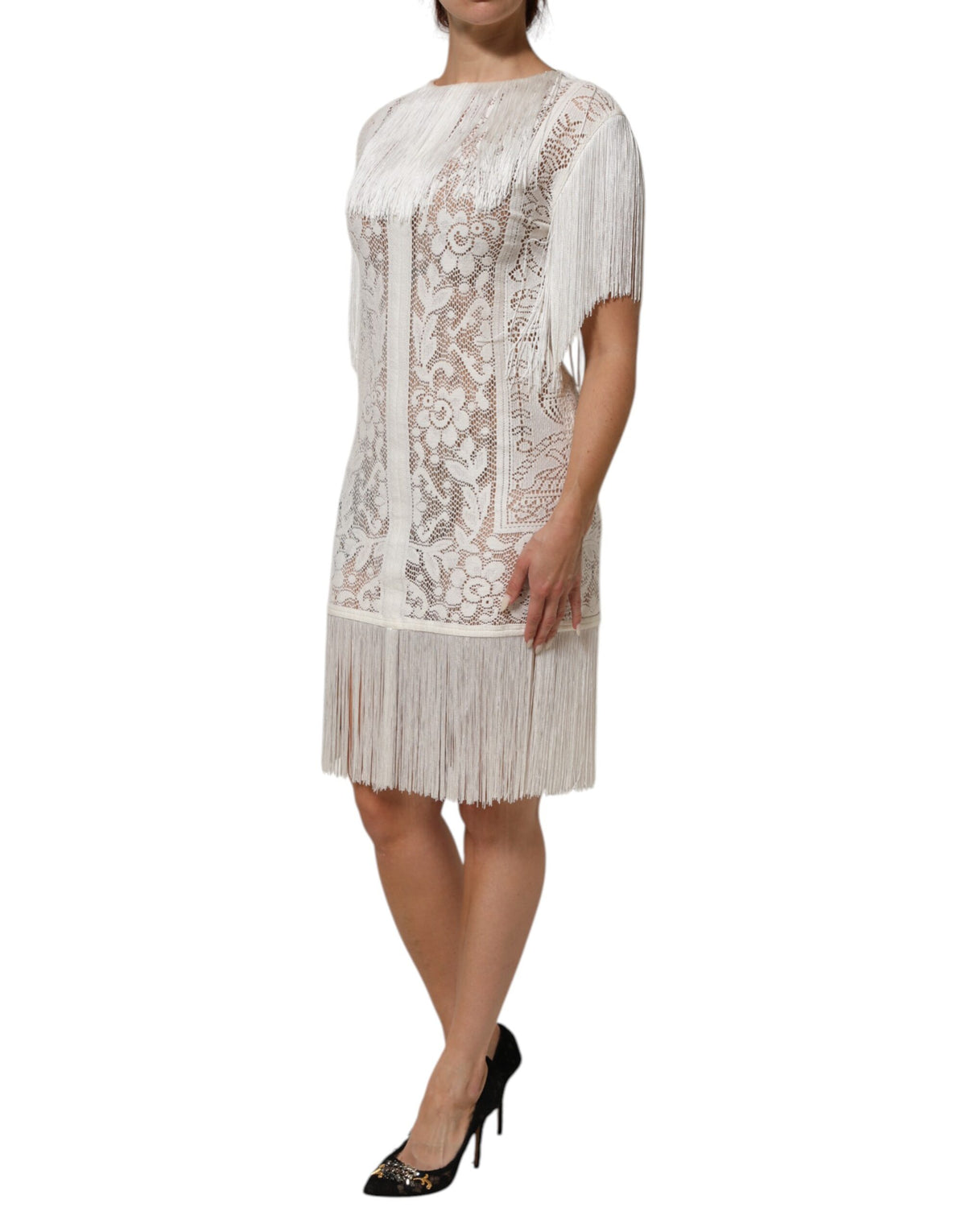 Robe Dolce & Gabbana en Dentelle Florale Blanche à Franges