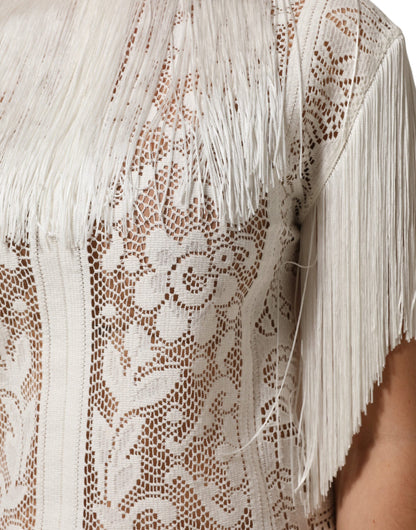 Dolce &amp; Gabbana Witte Bloemenkanten Franjes Knielange Jurk