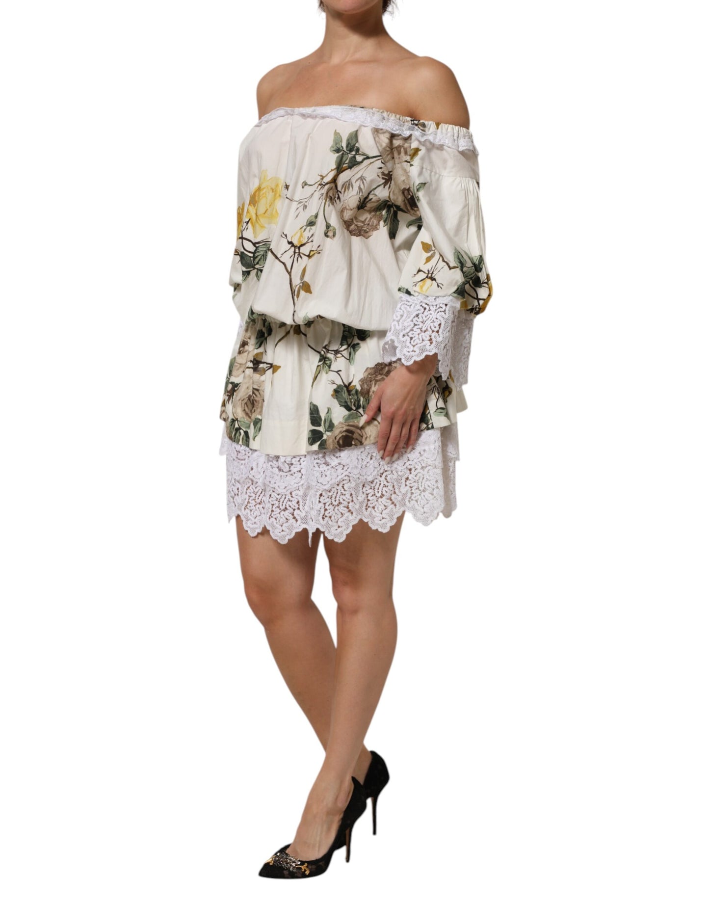 Dolce &amp; Gabbana Witte Minijurk met Off Shoulder Bloemenkant