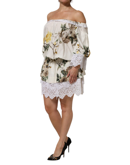 Dolce &amp; Gabbana Witte Minijurk met Off Shoulder Bloemenkant