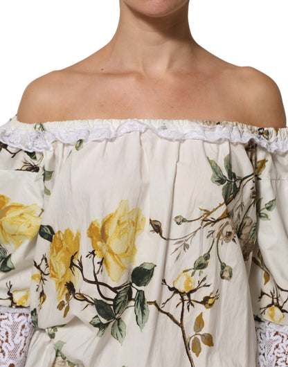 Dolce &amp; Gabbana Witte Minijurk met Off Shoulder Bloemenkant
