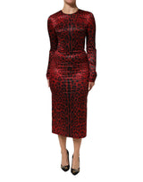 Robe Longue à Manches Longues Léopard Rouge Dolce & Gabbana
