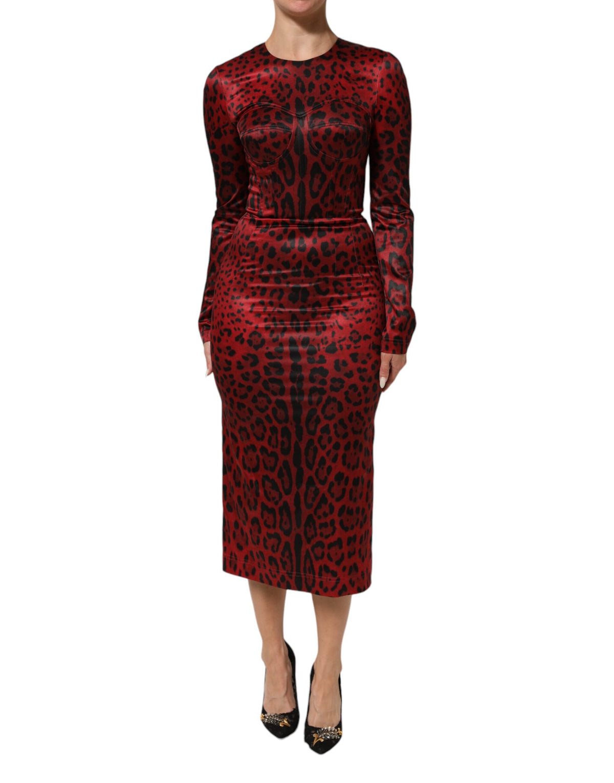 Robe Longue à Manches Longues Léopard Rouge Dolce & Gabbana