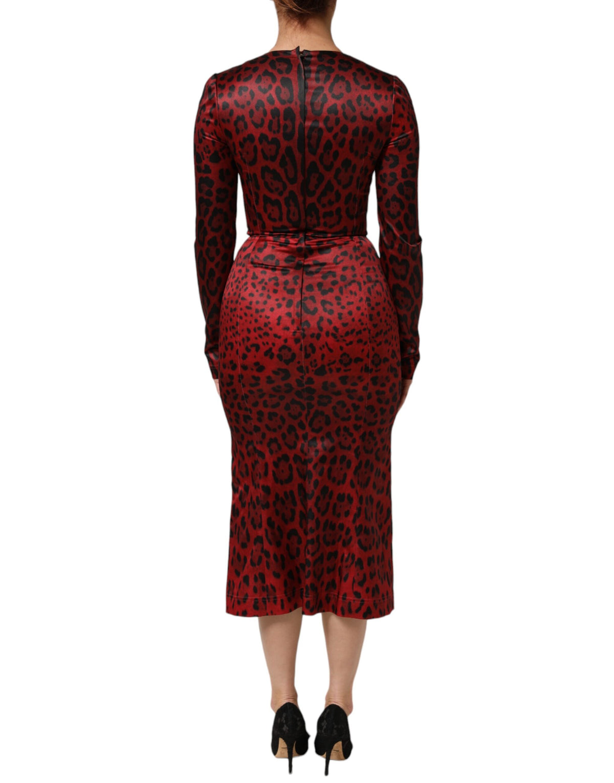 Robe Longue à Manches Longues Léopard Rouge Dolce & Gabbana
