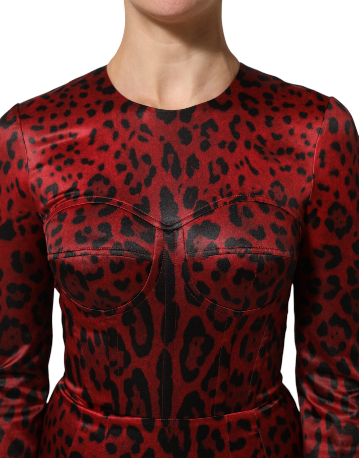 Robe Longue à Manches Longues Léopard Rouge Dolce & Gabbana