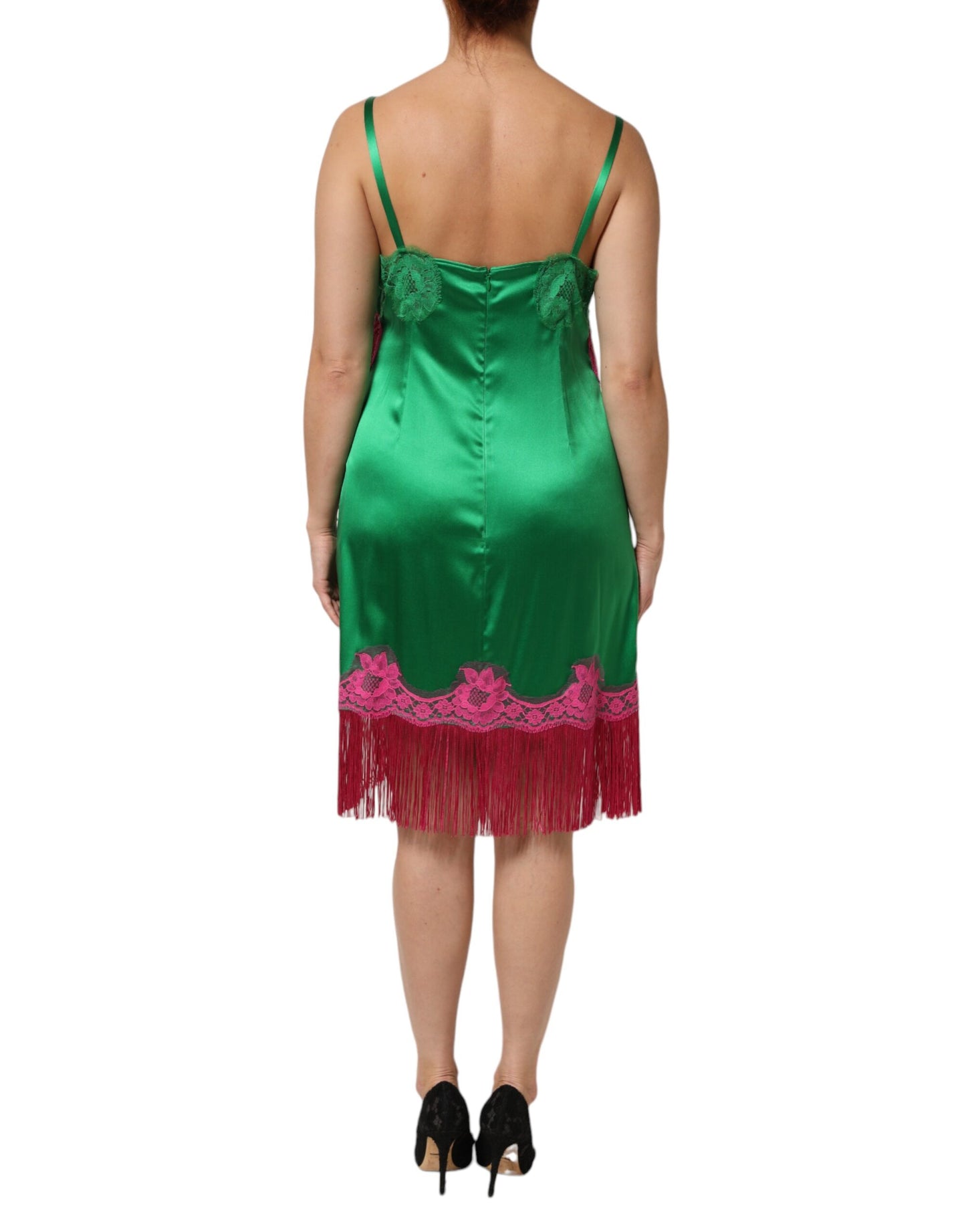 Dolce &amp; Gabbana Groene Lingeriejurk met Bloemenkant en Franjes