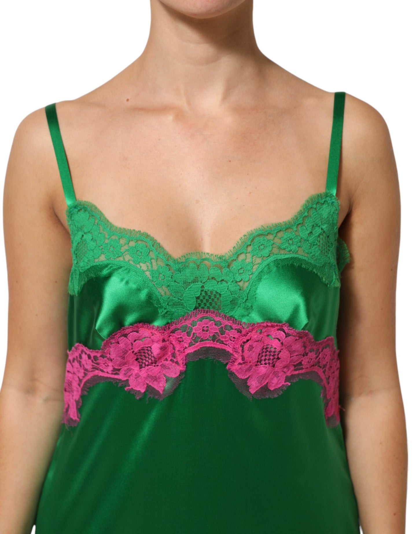 Dolce &amp; Gabbana Groene Lingeriejurk met Bloemenkant en Franjes