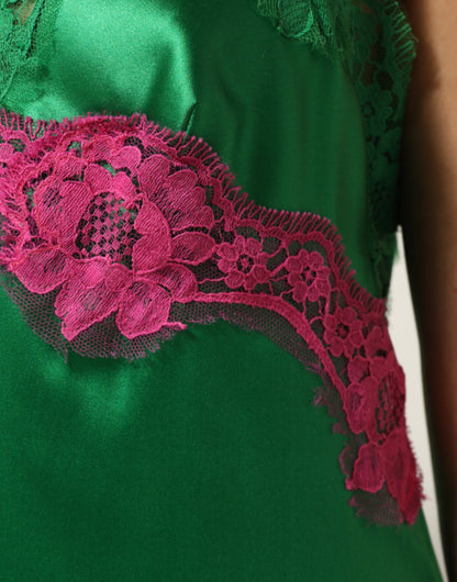 Dolce &amp; Gabbana Groene Lingeriejurk met Bloemenkant en Franjes