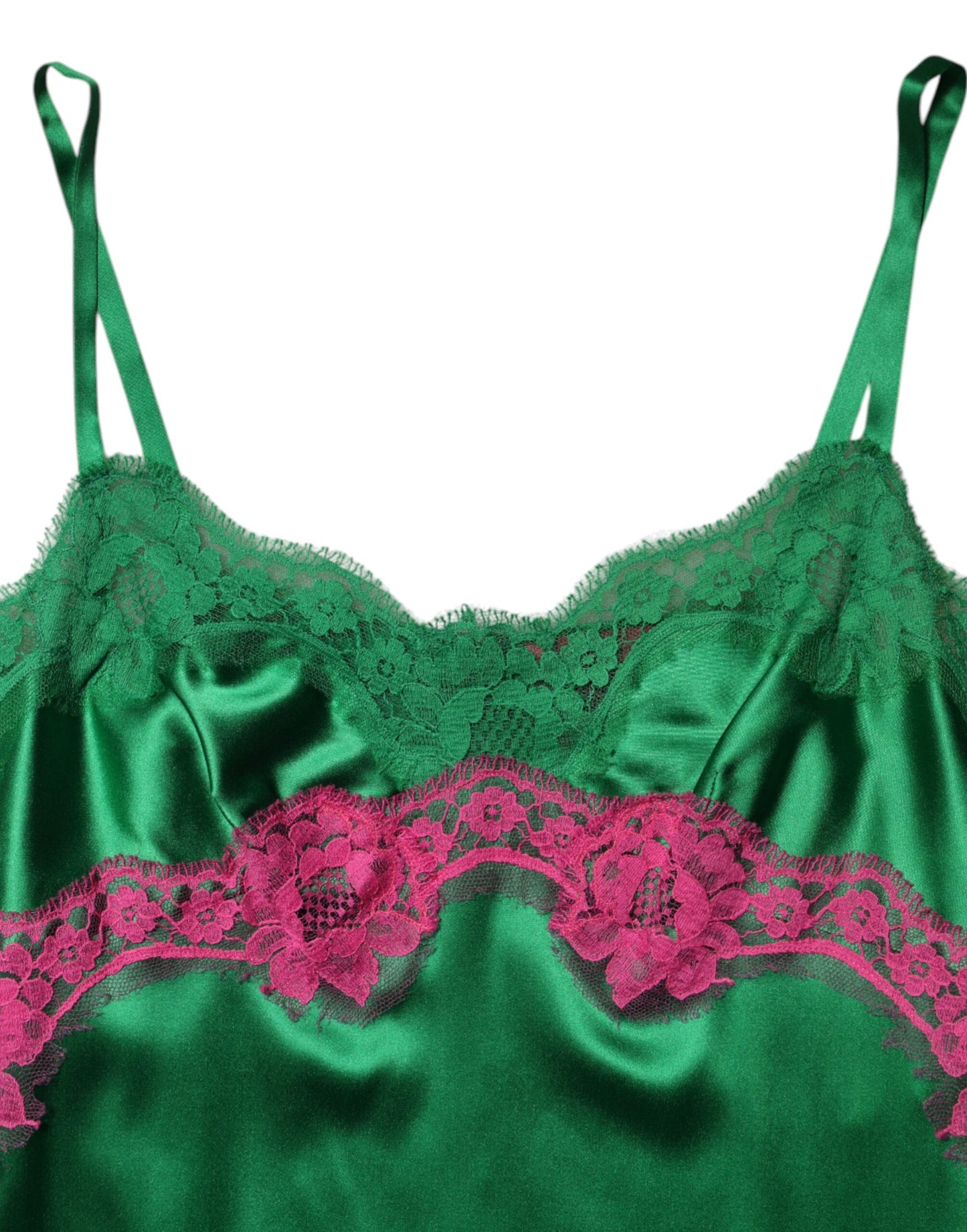 Dolce &amp; Gabbana Groene Lingeriejurk met Bloemenkant en Franjes