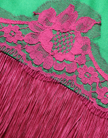 Dolce &amp; Gabbana Groene Lingeriejurk met Bloemenkant en Franjes