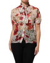 Dolce & Gabbana Blouse à Imprimé Poppy Blanc avec Col Noué