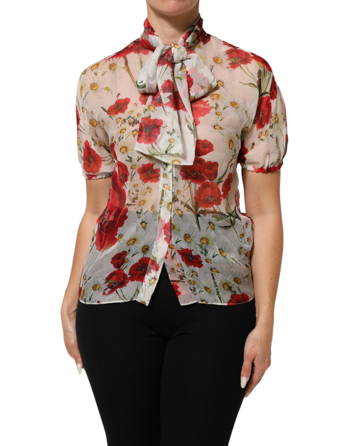 Dolce & Gabbana Blouse à Imprimé Poppy Blanc avec Col Noué