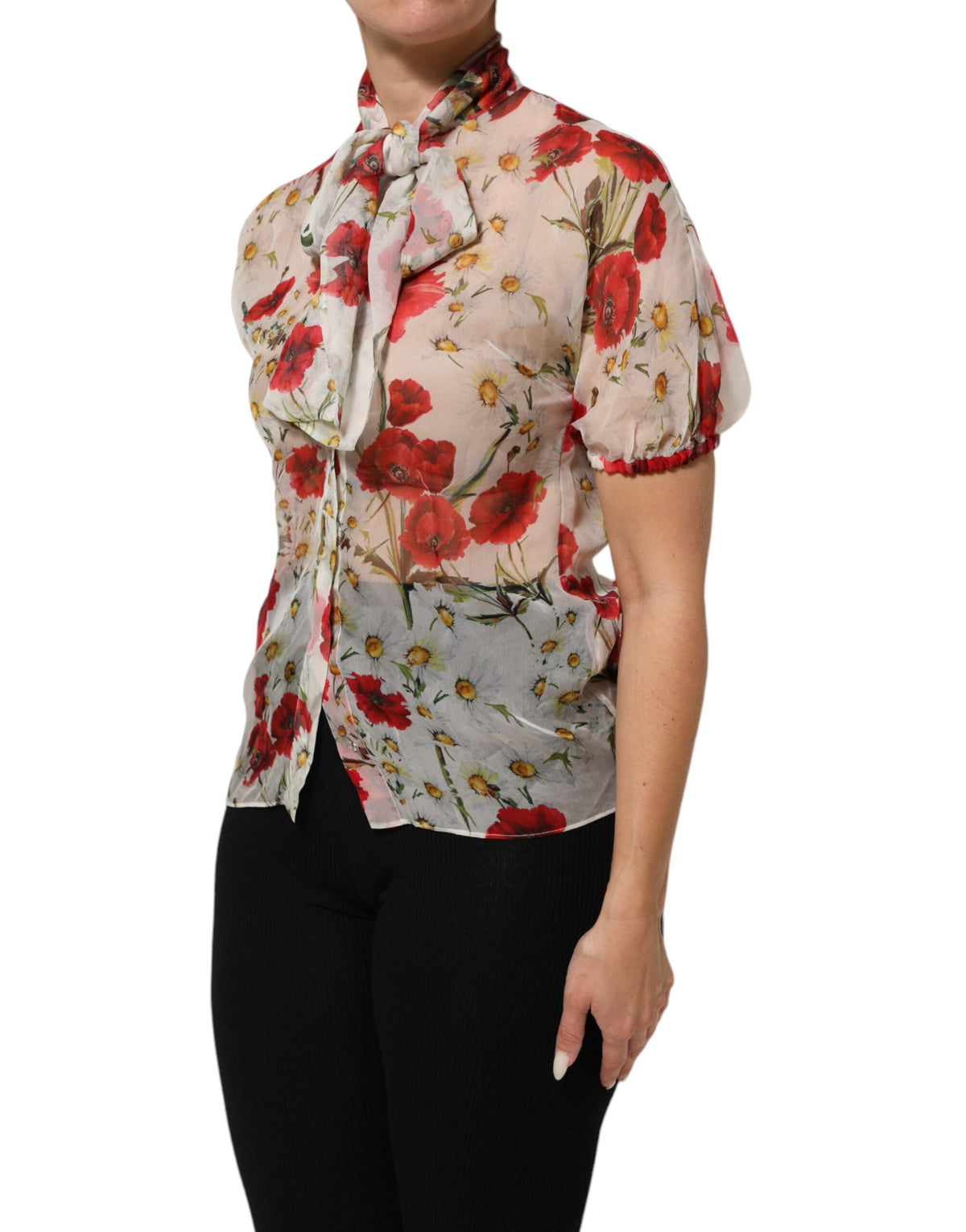 Dolce & Gabbana Blouse à Imprimé Poppy Blanc avec Col Noué
