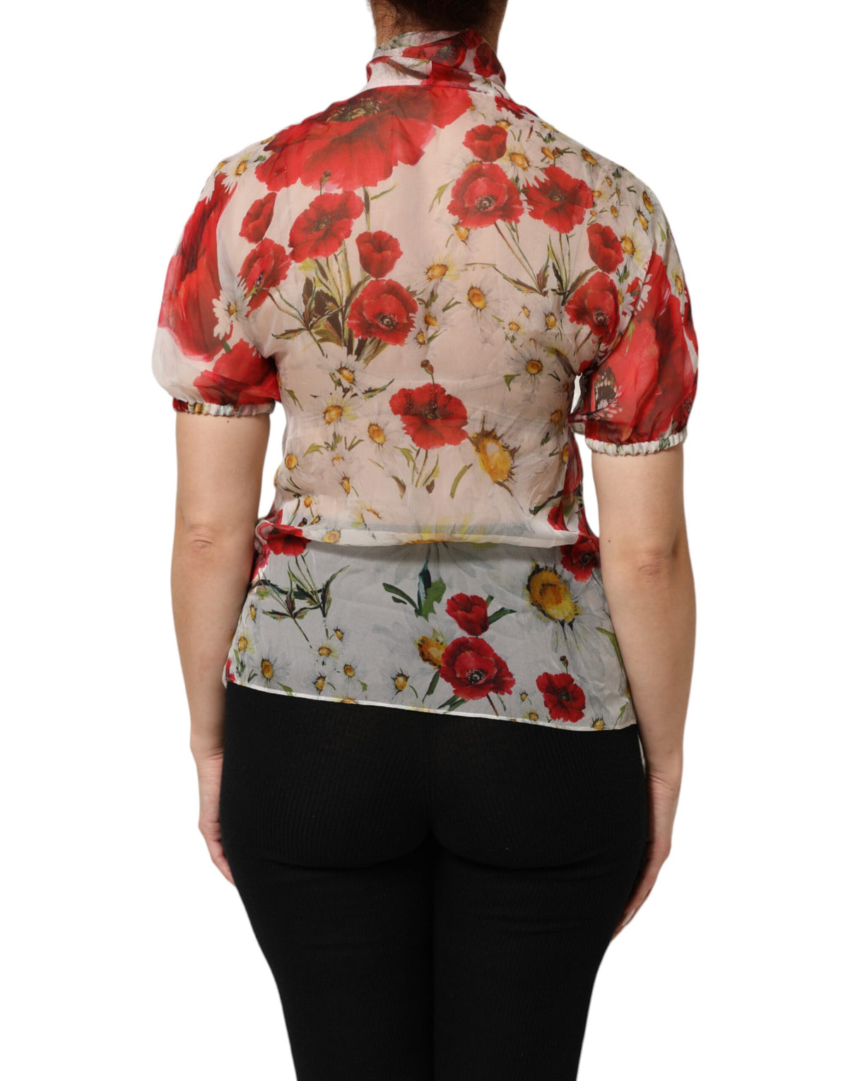 Dolce & Gabbana Blouse à Imprimé Poppy Blanc avec Col Noué