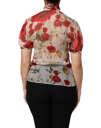 Dolce &amp; Gabbana Witte Blouse met Bloemenprint en Strikhals en Klaproosprint