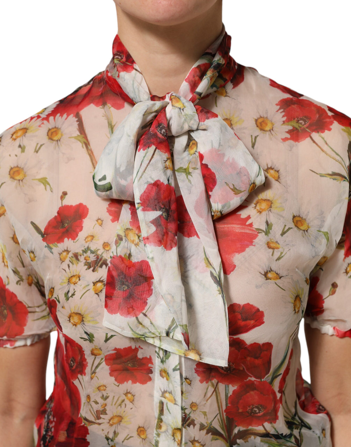 Dolce & Gabbana Blouse à Imprimé Poppy Blanc avec Col Noué