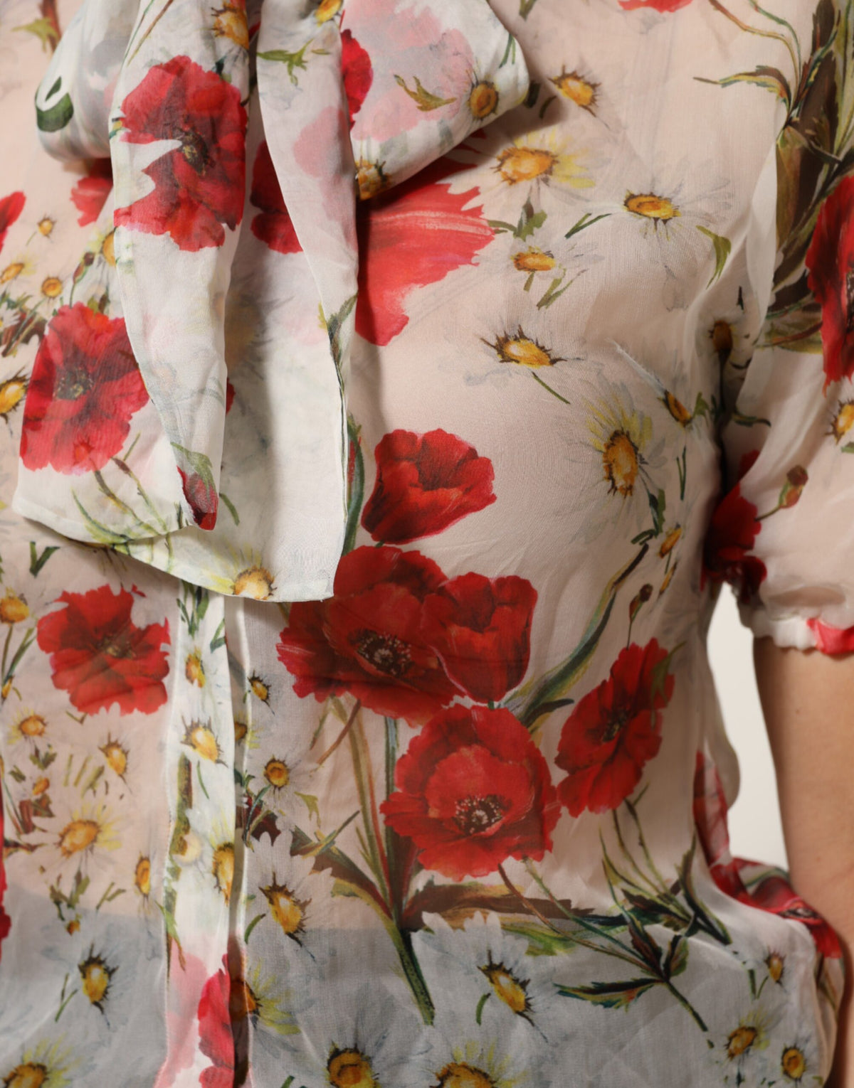 Dolce & Gabbana Blouse à Imprimé Poppy Blanc avec Col Noué