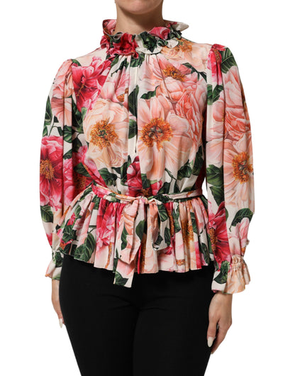 Dolce &amp; Gabbana roze zijden blousetop met bloemenprint en ruches