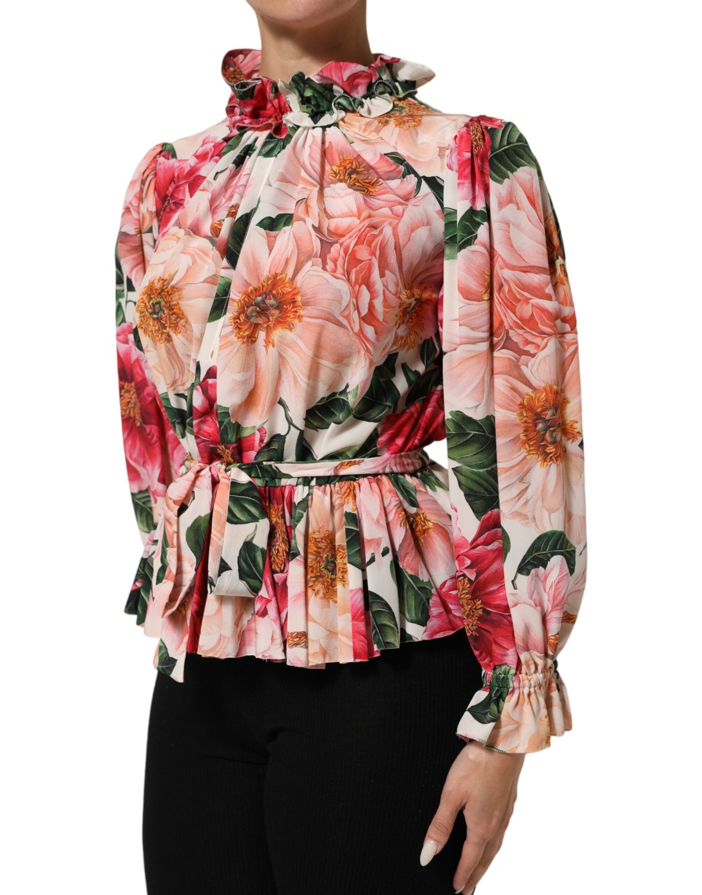 Dolce &amp; Gabbana roze zijden blousetop met bloemenprint en ruches