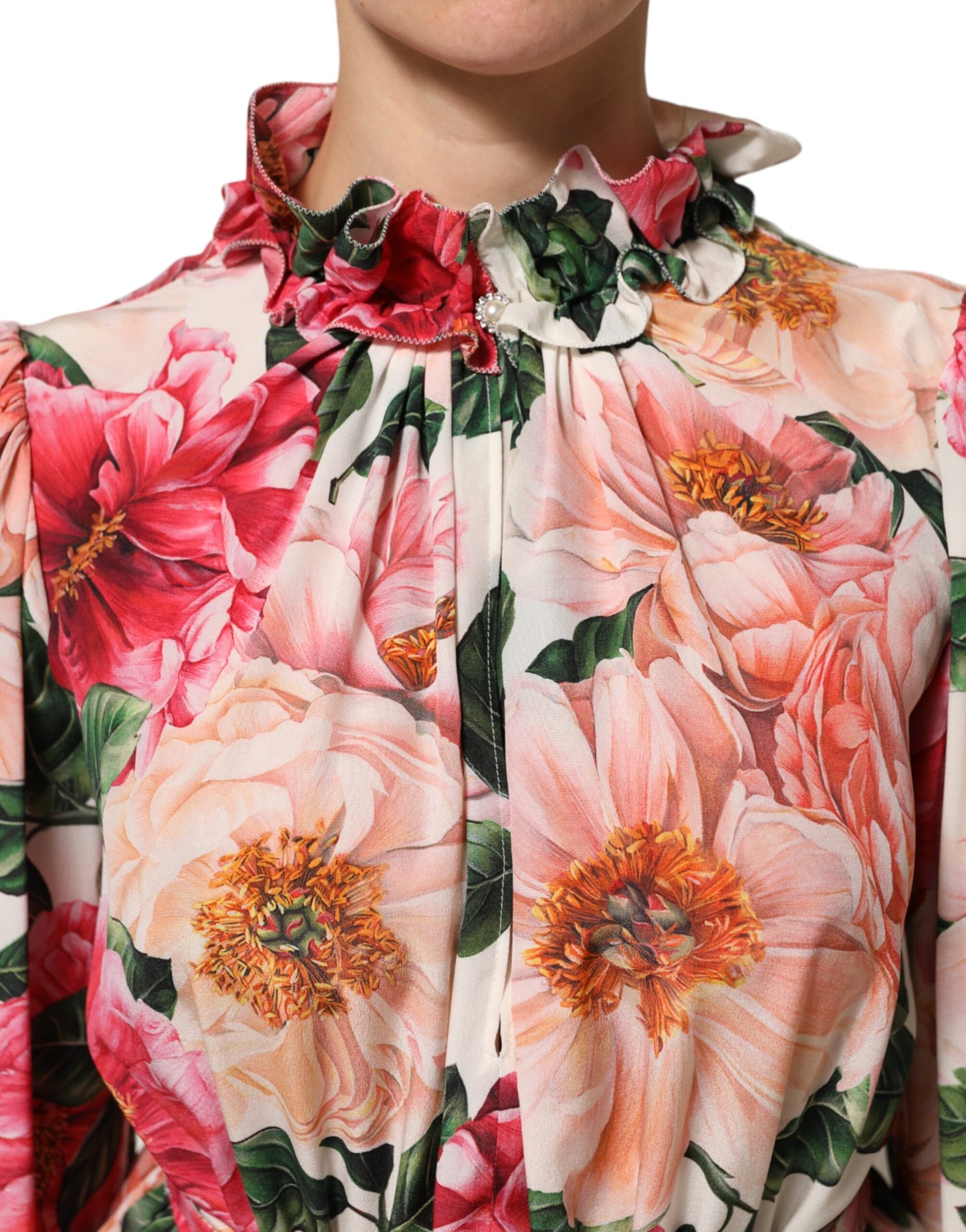 Dolce &amp; Gabbana roze zijden blousetop met bloemenprint en ruches