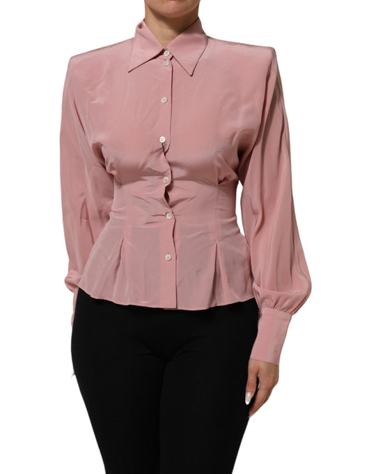 Dolce &amp; Gabbana roze zijden blouse met kraag en lange mouwen