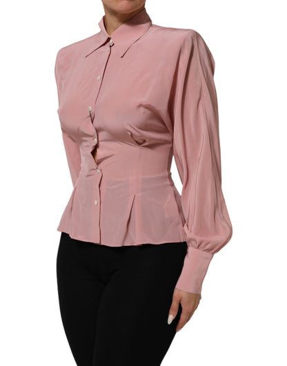 Dolce &amp; Gabbana roze zijden blouse met kraag en lange mouwen