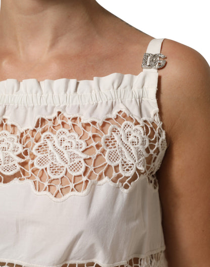 Dolce &amp; Gabbana Witte Poplin Tanktop met Opengewerkt Borduurwerk